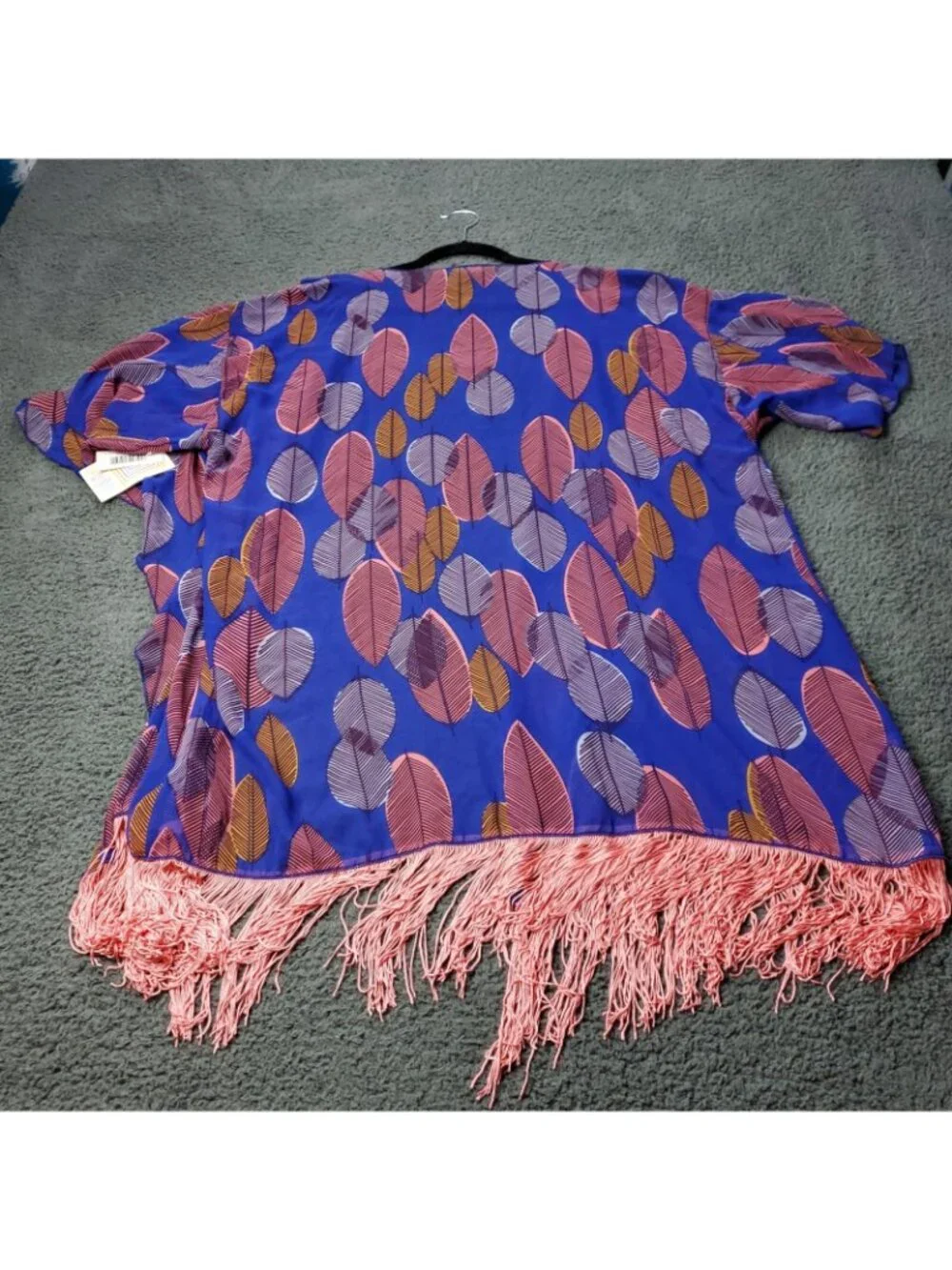LulaRoe Monroe Kimono Cardigan Womens L Large Multicolor Fringe Floral Blue Pink